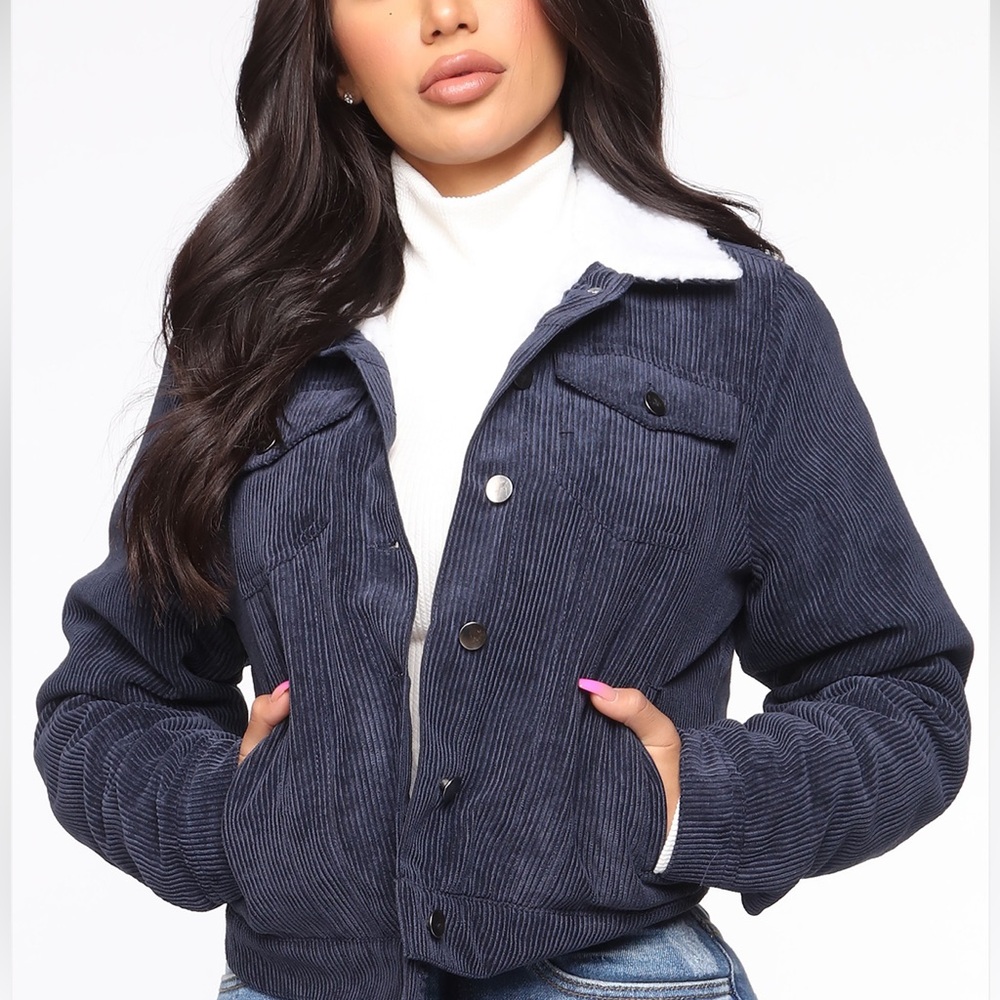 Fashion Nova Navy Corduroy Jacket with White Sherpa Collar